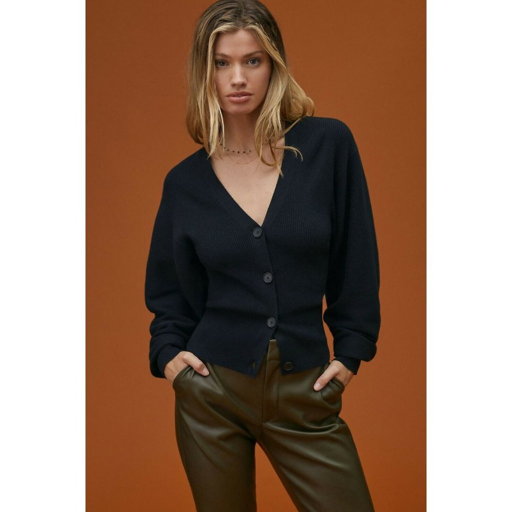 NWT Anthropologie Puff-Sleeved Textured Cardigan Sweater S Black V-Neck $120